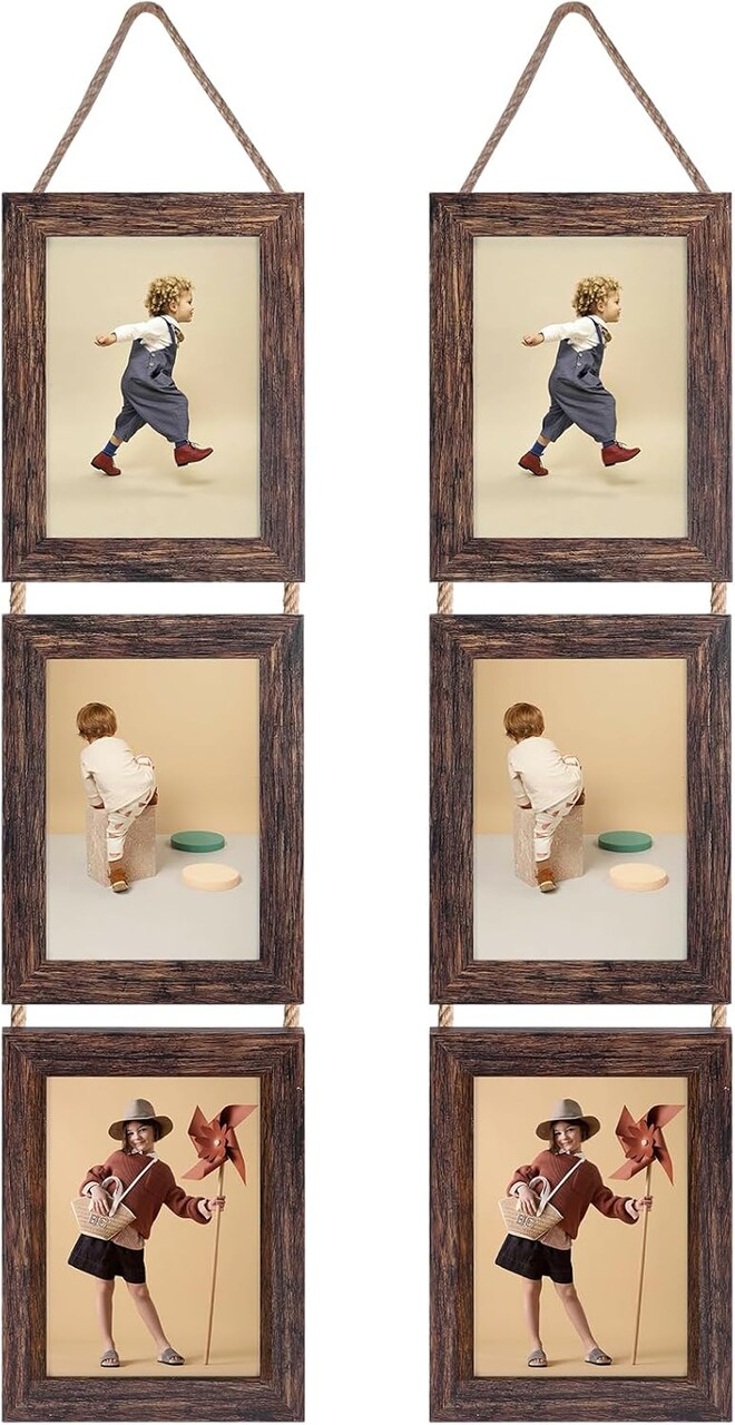 Wall Hanging 5x7 Picture Frames Set of 2, Vertical Collage Distressed Brown Triple Frame(Distressed Brown)7"L x 5"W